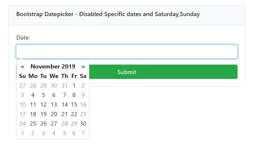 Bootstrap Datepicker - Disabled Specific dates and Saturday,Sunday